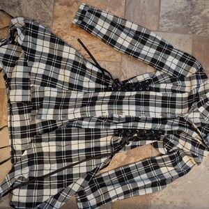 Black and White Plaid Lace-Up Coat